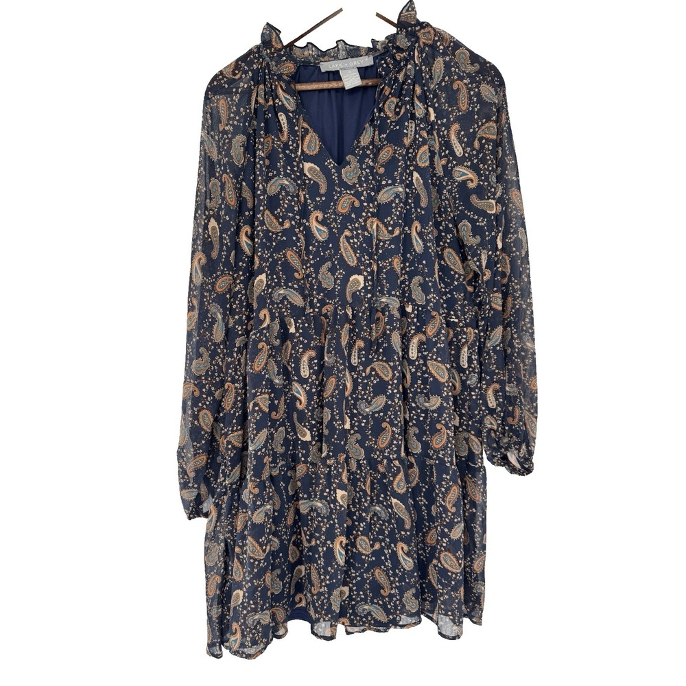 LARK + GREY XL Fit & Flare Paisley Dress Ruffle Neck Balloon Sleeve‎ Navy Brown